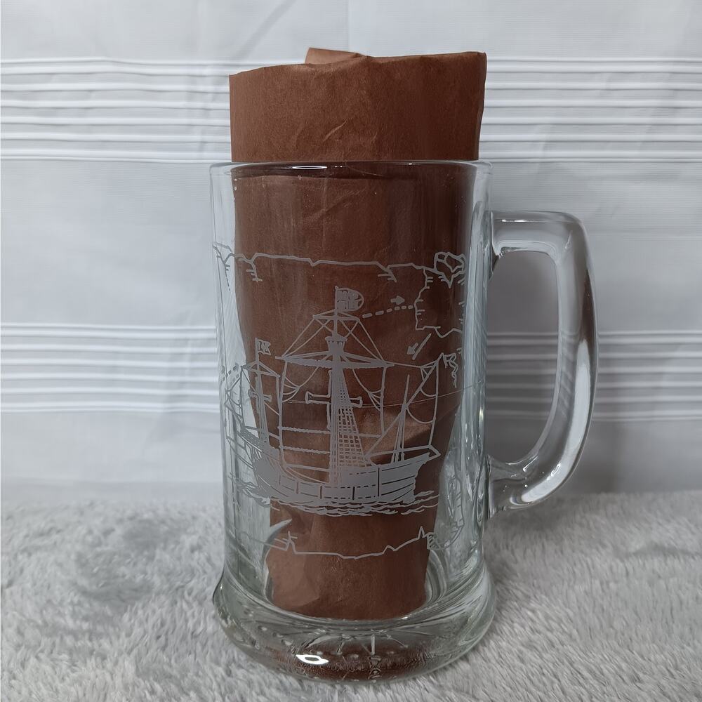 LONG JOHN SILVER'S Columbus Nautical Mug Etched Glass Beer Stein Santa Maria